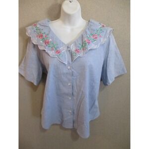 Embroidered Light Blue V-Neck Blouse with Scalloped Collar